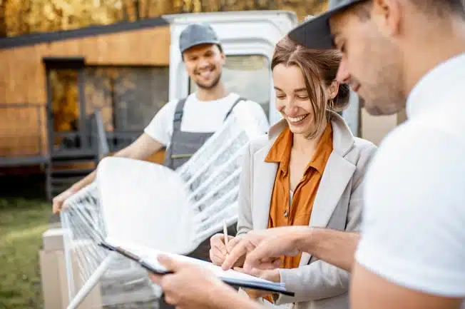 Eine Frau unterschreibt glücklich Umzugsunterlagen für einen Umzug nach Dachau